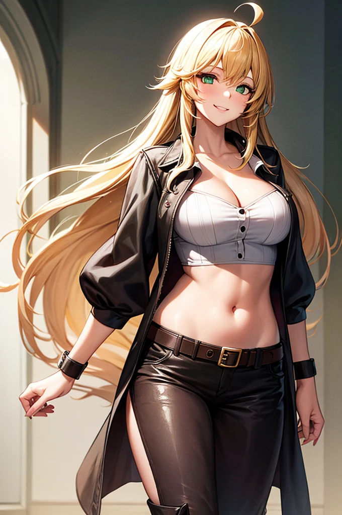 (horse:1.3), Cowboy Shot, One girl, Blonde, Long Hair, Green Eyes, alone, Ahoge,abdomen, boots, smile, belly button,belt, Cleavage, break,