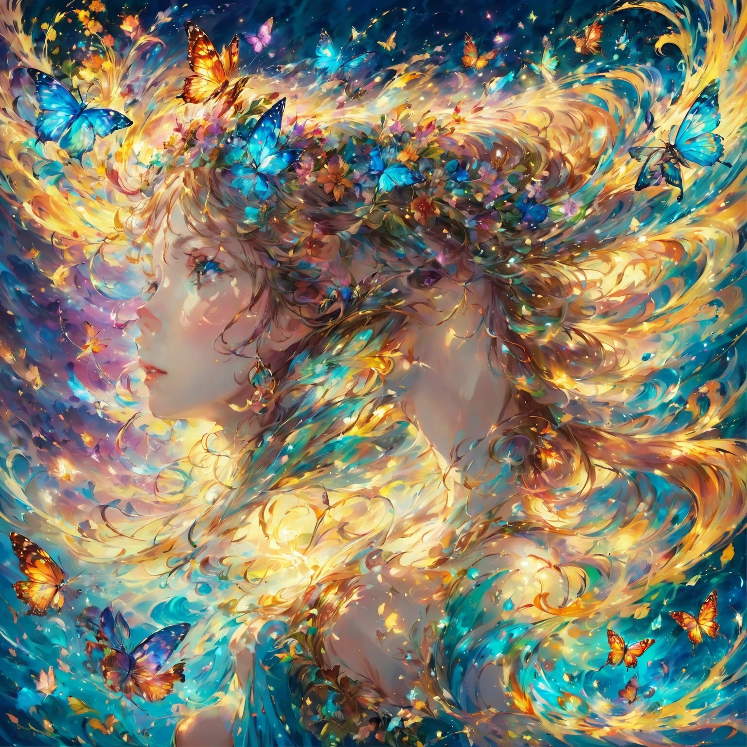 (masterpiece, highest quality:1.2),Wind Spirit,girl::perfect face,dance,butterfly々,flower,wind,effect,be familiar with,magic effect,light,Very light, Artistic, Artist, color art, Use of magic,fancy,fantasy,beautiful,The highest masterpiece,masterpiece,Sparkling,rich colors,colorful,Cast a colorful spell,be familiar with,Beautiful light and shadow,Sounds like fun, doesn't it?,anatomically correct,Wind effect,dream-like,fantasy,mysterious,Lakeside