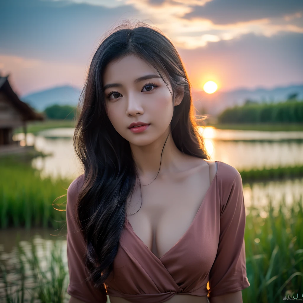 realistic: Open the aperture wide., professional lighting, Sony A7R4, 50 mm sitting lens. 2 ; Warm light, (digital painting, HDR ภาพถ่ายหน้าตรงThai anime, Female anime Araffe 25 30 years old, realistic: Open the aperture wide., professional lighting, Sony A7R4, 50 mm sitting lens. 2 ; Warm light, (digital painting, HDR, high contrast (digital painting, HDR, high contrast),Old jeans torn, bright colored t-shirts, Looking straight at you intently, Long-haired woman with a round face, Red cheeks, Pink cheeks, black eyes ตาสองชั้น, black eyes, Thai anime, Has a large chest size of 38 inches., ponytail woman, flowing black hair, long flowing black hair, she has black hair, Her black hair was long and wavy., beautiful black hair, Extra dark natural black hair, The shirt is tight., Looks hot., ,black eyes,abdominal muscles, rounded chest, outdoor, The background is a rice field., There is an old thatched Thai-style hut in the background., The evening sun shines, beautiful female model, jaw-dropping beauty, realistically,