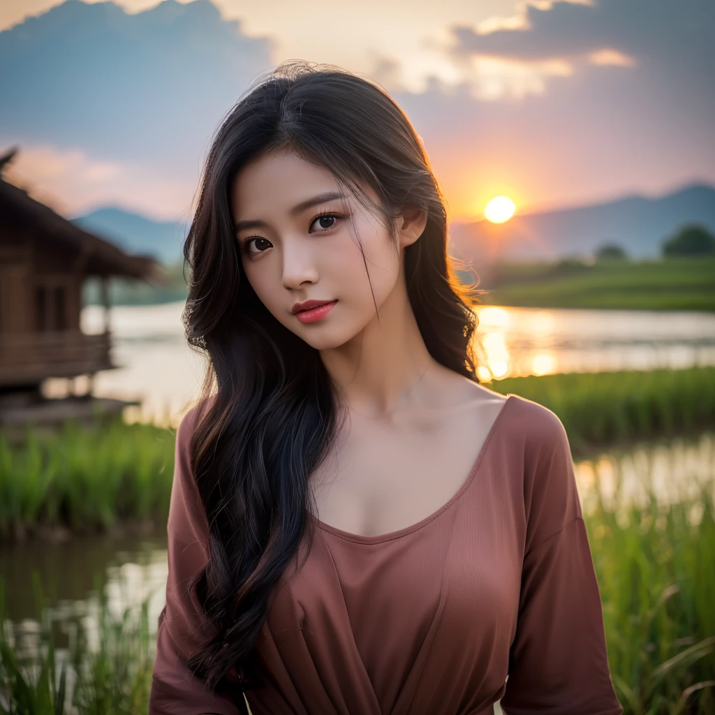 realistic: Open the aperture wide., professional lighting, Sony A7R4, 50 mm sitting lens. 2 ; Warm light, (digital painting, HDR ภาพถ่ายหน้าตรงThai anime, Female anime Araffe 25 30 years old, realistic: Open the aperture wide., professional lighting, Sony A7R4, 50 mm sitting lens. 2 ; Warm light, (digital painting, HDR, high contrast (digital painting, HDR, high contrast),Old jeans torn, bright colored t-shirts, Looking straight at you intently, Long-haired woman with a round face, Red cheeks, Pink cheeks, black eyes ตาสองชั้น, black eyes, Thai anime, Has a large chest size of 38 inches., ponytail woman, flowing black hair, long flowing black hair, she has black hair, Her black hair was long and wavy., beautiful black hair, Extra dark natural black hair, The shirt is tight., Looks hot., ,black eyes,abdominal muscles, rounded chest, outdoor, The background is a rice field., There is an old thatched Thai-style hut in the background., The evening sun shines, beautiful female model, jaw-dropping beauty, realistically,