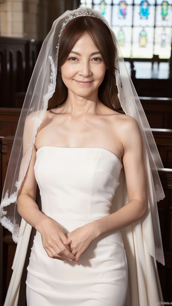 ((Highest quality)), ((8K)), ((masterpiece: 1.3)), (Perfect appearance), (Photorealism: 1.6), (JMA), (KE), (Japan Bride), (In front of the church), (sunny), Japanese women, (48 years old), (Natural light), ((Stand upright, Look forward, Center of screen)), ((Realistic skin texture)), (Fine wrinkles appear all over the skin: 1.3), (Dullness: 1.1), (Unmoisturized skin: 1.2) , (Facial wrinkles: 0.9), (Wrinkles around the eyes: 1.2), double eyelid, Lower eyelid tear trough, (Crying Mole: 0.9), The eyes are looking here, Serious look, (Dimples: 1.2), Laugh with the corners of your mouth wide open, Straight medium length, (Wedding dress: 1.2), (Mermaid Line Dresses: 1.2), (Face-hiding veil: 1.2), (Bridal Veil: 1.2), High heels, (Bouquet in hand: 1.2), (whole body), (Angle from the feet: 1.2),