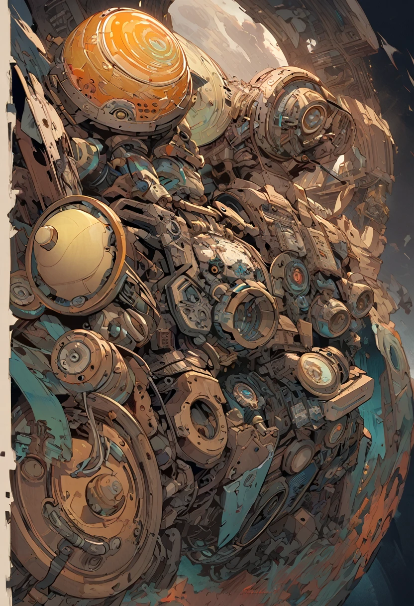 A weathered, eccentric droid mechanic with rivets and wires protruding from mismatched metal plates, an ancient mechanical arm adorned with makeshift tools, and a faded logo of a long-forgotten company etched on its chest. This compelling character concept art is a digitally painted illustration showcasing intricate details and vibrant colors. The image captures the essence of a quirky, experienced tinkerer amidst a post-apocalyptic world, inviting viewers to delve into a sci-fi narrative filled with nostalgia and innovation.