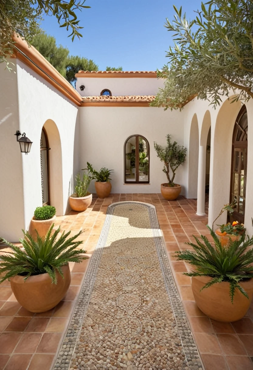 A hyper-realistic image of a single-story garden house with a Mediterranean design, featuring a combination of stucco and terracotta materials. The house has a slanted roof, large arched windows, and a charming front patio. The entrance is flanked by terracotta planters and a mosaic-tiled pathway. The garden includes various Mediterranean plants, olive trees, and a small fountain. The overall ambiance is warm and inviting, with detailed textures and realistic lighting, shadows, and reflections. The colors are vibrant and sunny, showcasing the charm of the materials and the garden. The lighting gives a bright midday feel.
