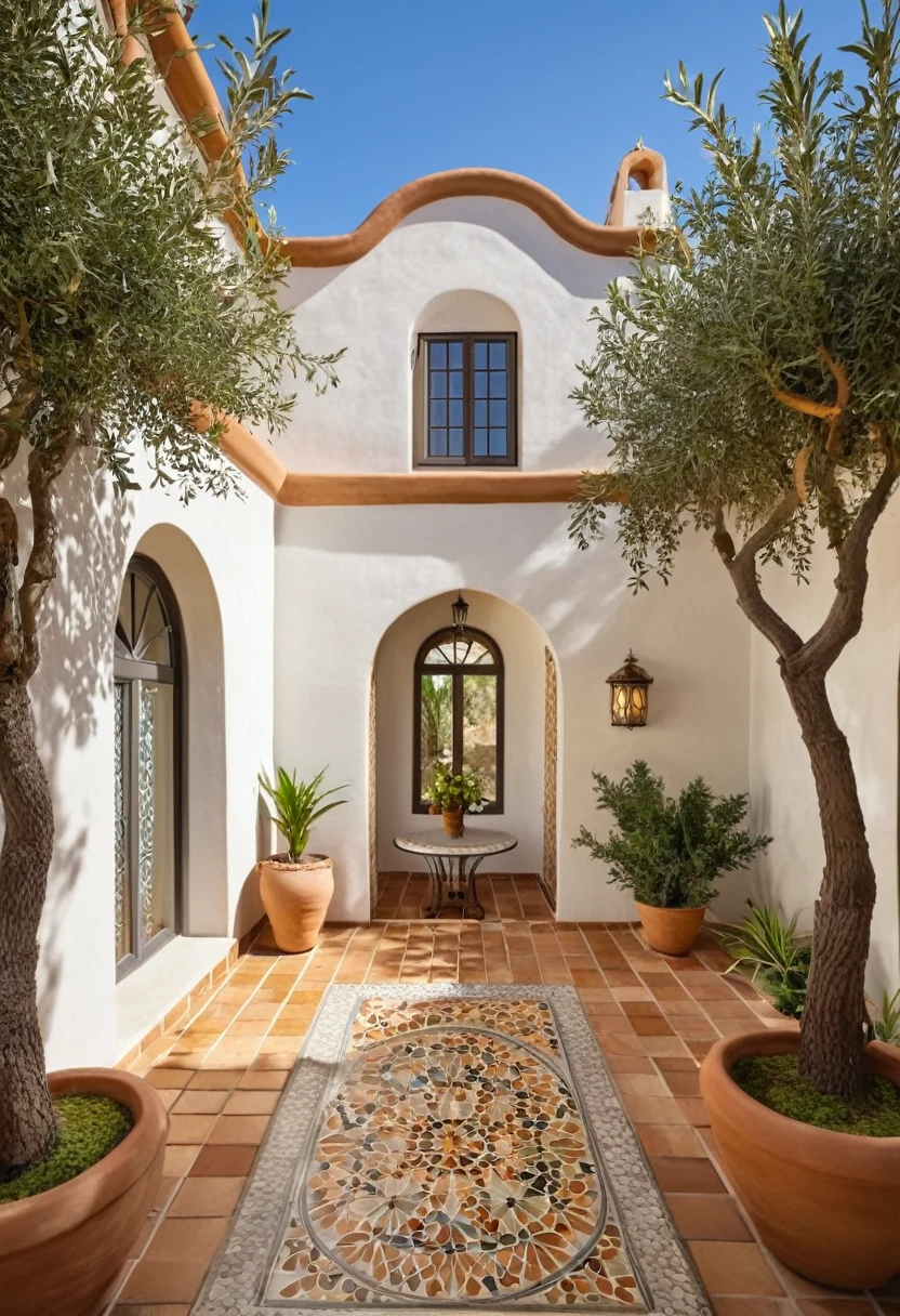 A hyper-realistic image of a single-story garden house with a Mediterranean design, featuring a combination of stucco and terracotta materials. The house has a slanted roof, large arched windows, and a charming front patio. The entrance is flanked by terracotta planters and a mosaic-tiled pathway. The garden includes various Mediterranean plants, olive trees, and a small fountain. The overall ambiance is warm and inviting, with detailed textures and realistic lighting, shadows, and reflections. The colors are vibrant and sunny, showcasing the charm of the materials and the garden. The lighting gives a bright midday feel.