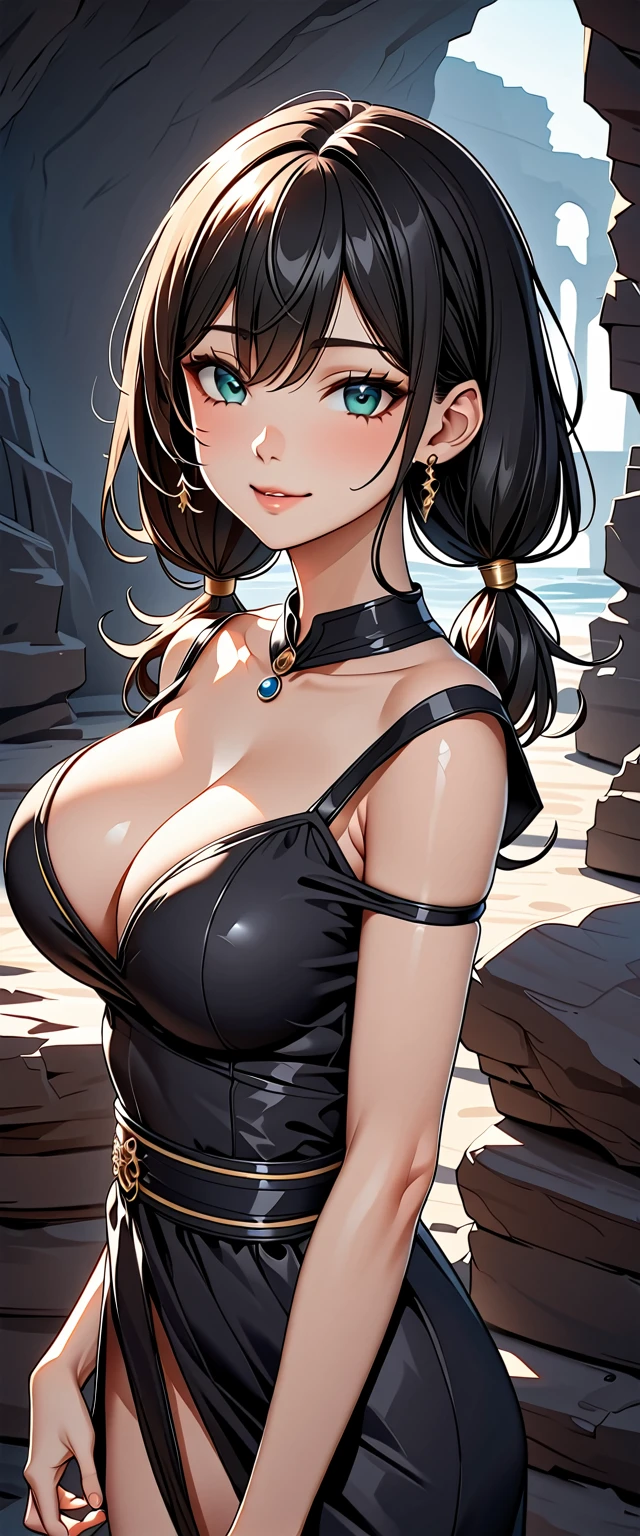 Photo of a woman with natural skin, Seaside cave, The light is shining in, Upper Body, Smiling, High Twintails, Black hair with red mesh, Sharp eyes with red eyeshadow, Blue-green eyes, Shining eyes, A thin, upturned nose, Well-shaped lips, Big Breasts, ((Black off-the-shoulder dress, Thin shoulder straps)), barefoot, Makeup, Exquisitely crafted with the utmost attention to detail, Vibrant, amazing, Smooth, Cinematic, 4K, Backlight, (()), Shallow depth of field, ((Detailed eyes:1.3, Detailed lips:1.3, high quality, )), masterpiece, Super detailed images, High quality