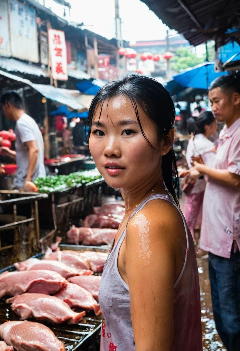 wet market,Pork stalls,rugged chinese girl