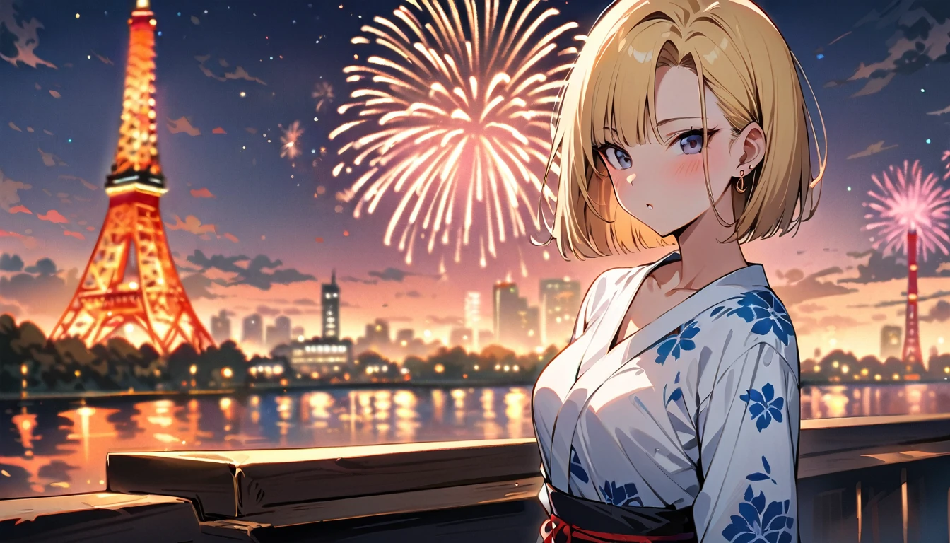 (masterpiece, best quality:1.2),1girl, (solo), Android 18 from Dragon Ball, ((floral print white kimono)), medium breasts, blunt bangs, blonde short hair, black eyes, earrings on earlobes, slim, slender feminine figure, skinny body, blush, magnificent view, blur background, 4K, Tokyo Tower, firework, arms open, collarbone, looking at fireworks, riverside