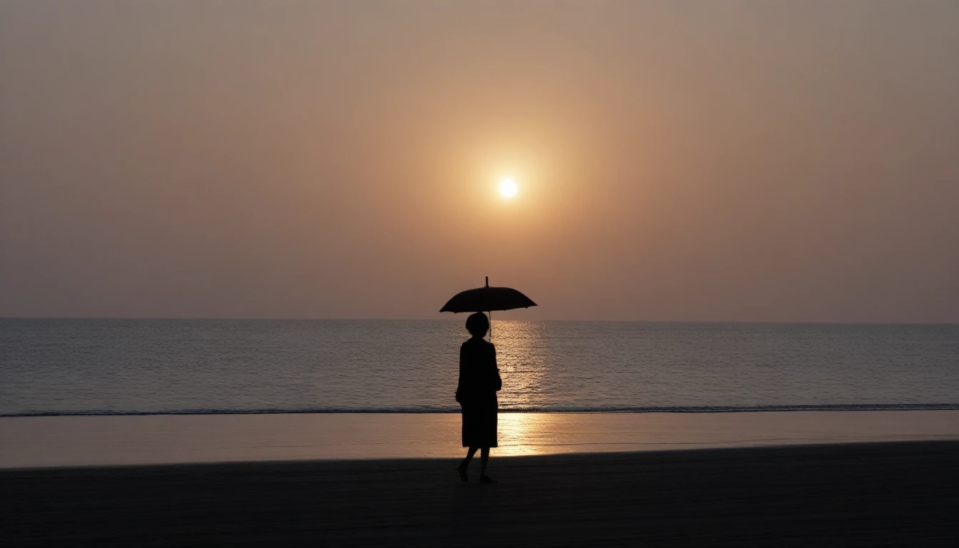 desolate long beach, A short-haired woman walking from afar, red light of sunset, alone, afternoon, depressed, tide가 밀려온다, ocean, tide, black umbrella , wind, short korean woman, 잔잔한 tide,