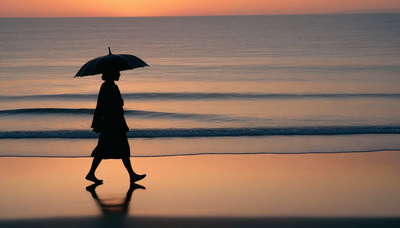 desolate long beach, A short-haired woman walking from afar, red light of sunset, alone, afternoon, depressed, tide가 밀려온다, ocean, tide, black umbrella , wind, short korean woman, 잔잔한 tide, 
