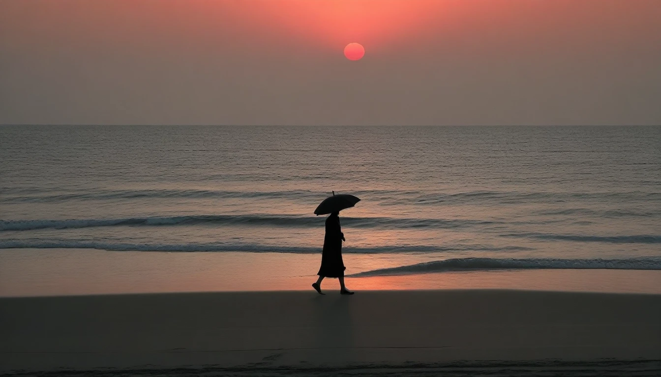 desolate long beach, A short-haired woman walking from afar, red light of sunset, alone, afternoon, depressed, tide가 밀려온다, ocean, tide, black umbrella , wind, short korean woman, 잔잔한 tide, 