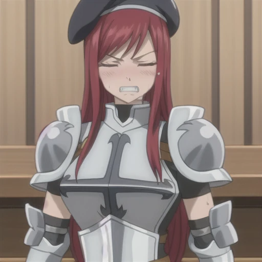 masterpiece, absurdres , (intricate details), (colorful), erza scarlet, closed eyes, clenched teeth, blush, sweat, armor, breastplate, gauntlets, shoulder armor, (black beret), (black hat), large breasts,