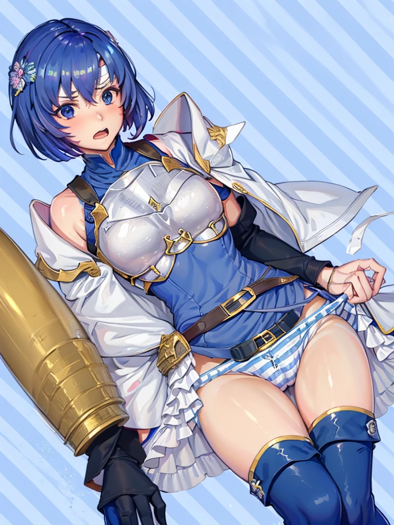 (White background:1.2),masterpiece,best quality,1girl,18yo, beautiful girl,BREAK,Blue Hair, short hair, blue eyes, cute, Narrow waist, small, Toned Up, Large Breasts, Bare shoulders, Red neckerchief, Blue elbow gloves, Blue fingerless gloves, Pauldrons, belt, breastplate, White headband, Short dress, Dress slit, Blue tight boots, Blue long boots, Pegasus Knight Uniform (Fire emblem), low length,blush,Scared,distress,Open your mouth,(Blue and white striped panties:1.5)