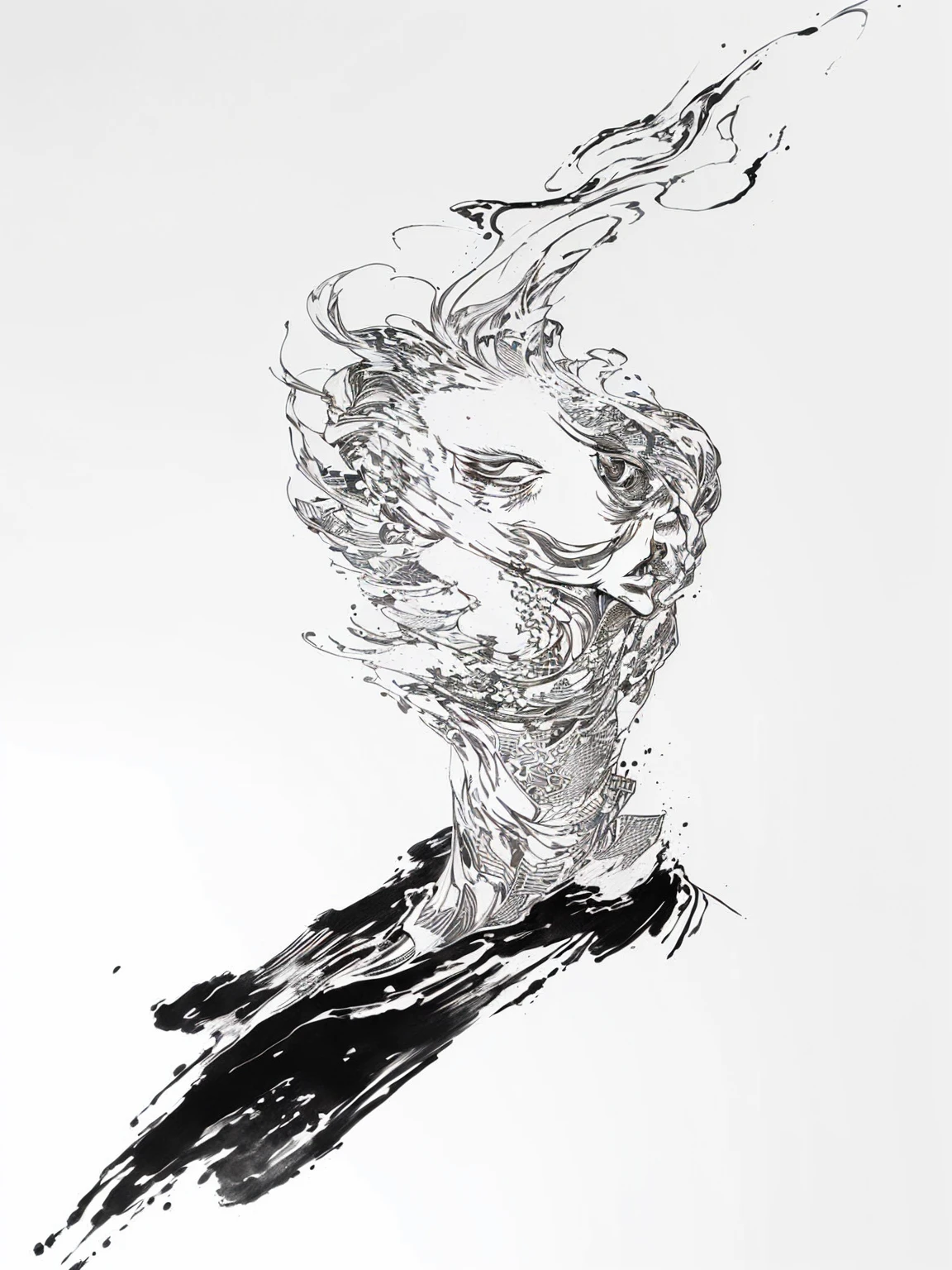 The painting shows a man with a cigarette in his mouth, black Ink illustration, Black and white ink style, Ink illustration, Black ink line art, Black ink on white, Ink Painting, Woman made of black flames, detailed Ink illustration, 矢量Ink Painting, Ink works, highly detailed Ink illustration, elaborate Ink illustration, Character covered in liquid, bold intricate Ink illustration
