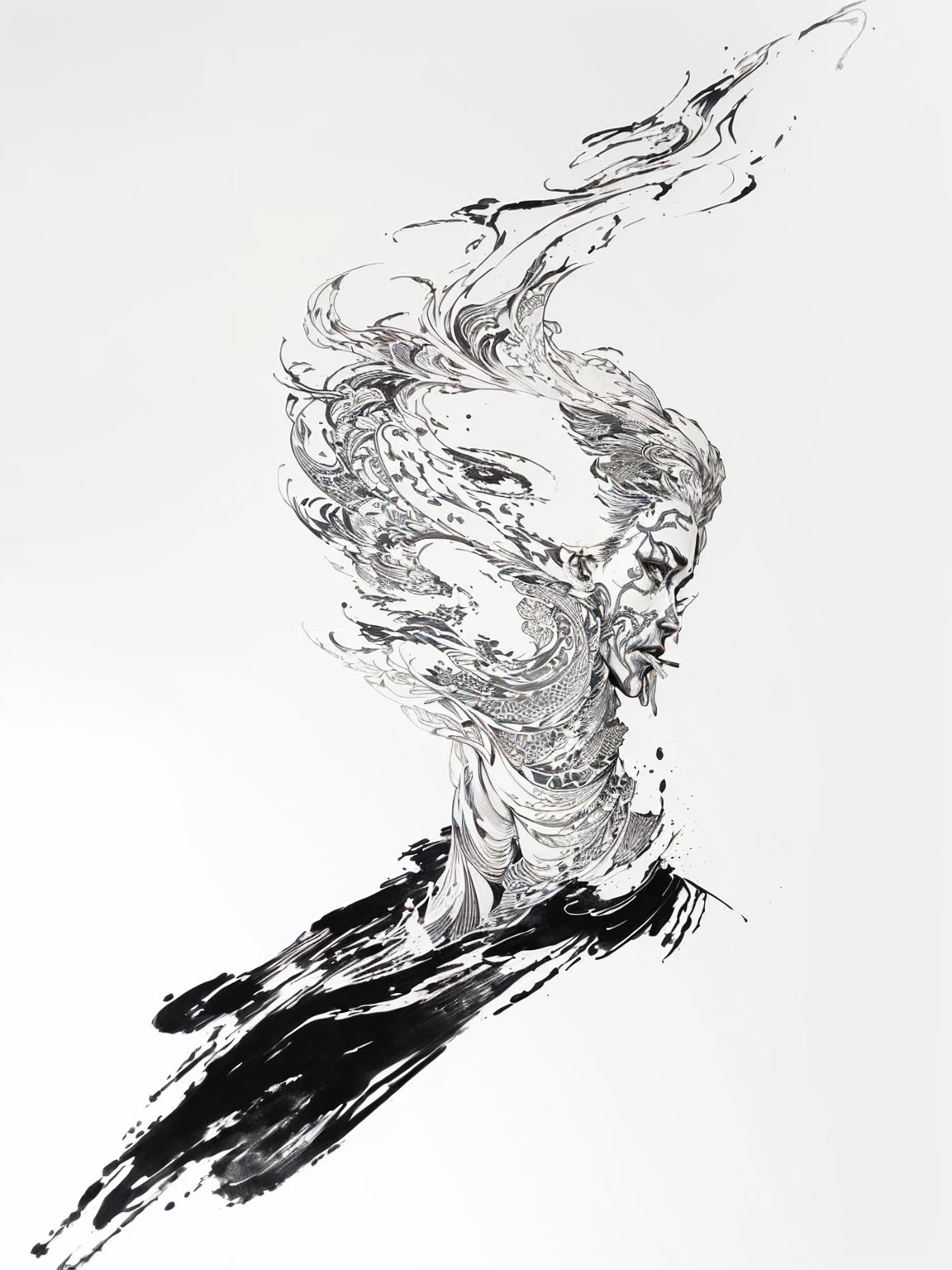 The painting shows a man with a cigarette in his mouth, black Ink illustration, Black and white ink style, Ink illustration, Black ink line art, Black ink on white, Ink Painting, Woman made of black flames, detailed Ink illustration, 矢量Ink Painting, Ink works, highly detailed Ink illustration, elaborate Ink illustration, Character covered in liquid, bold intricate Ink illustration