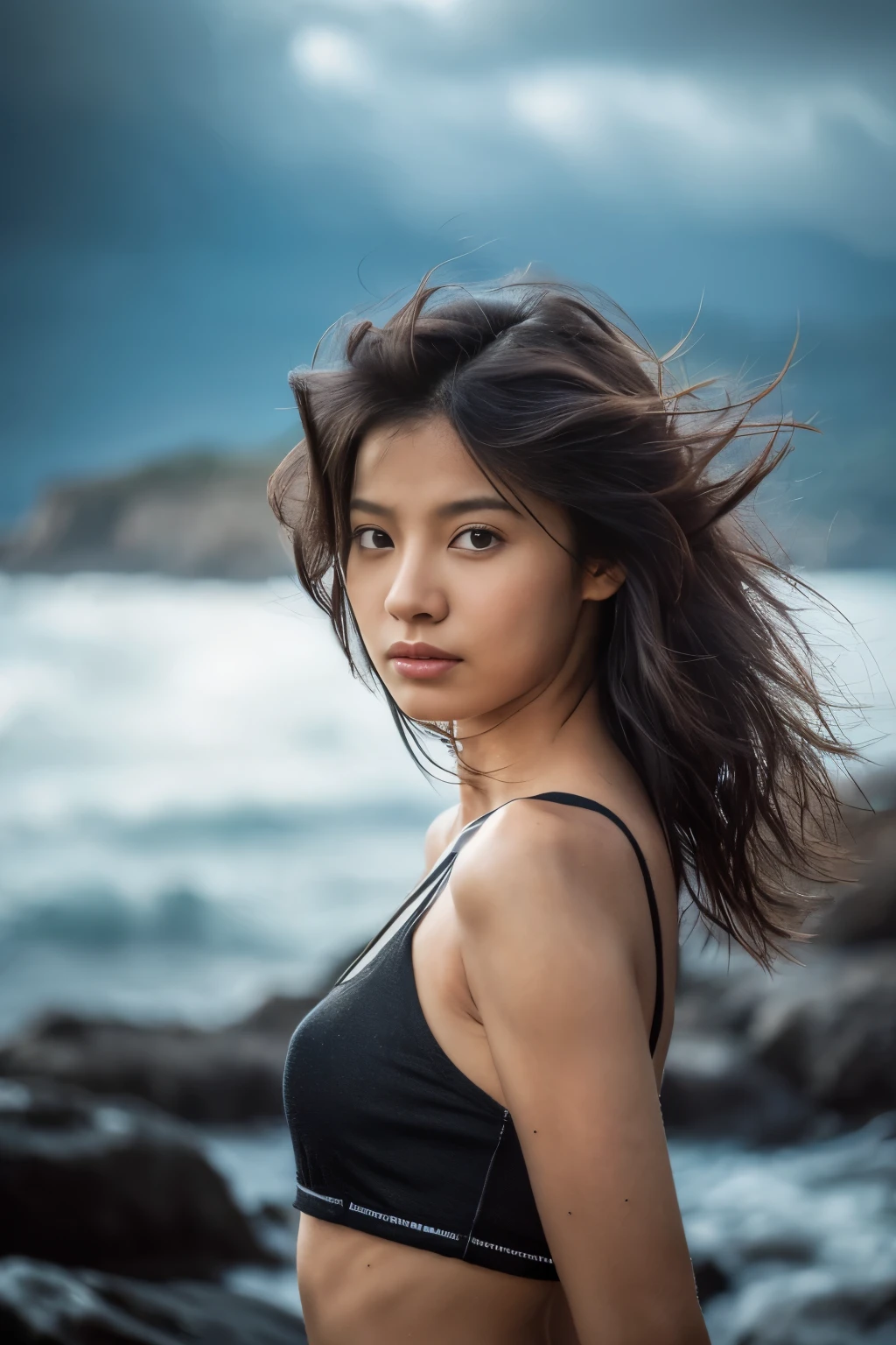 ((Top quality)),((masterpiece)),((very beautiful)), unique light and shadow, A girl, Messy hair, Realistic skin texture, Strong wind, rain, Rocky Shore, stormy sea, Female pose