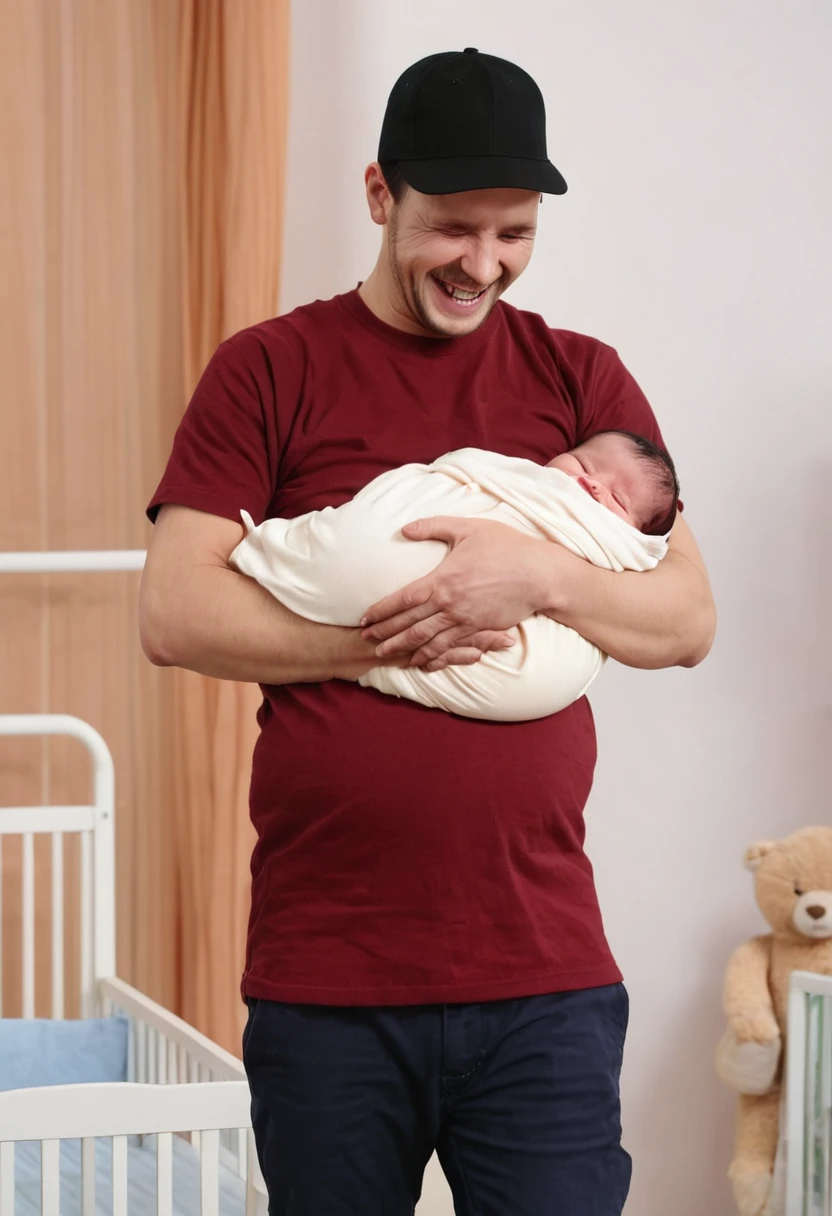 A man carrying a small breastfeeding , the man wearing a black cap and a dark red T-shirt, holding the , smiling, looking at scenes, the crying, a in the nursery, a young