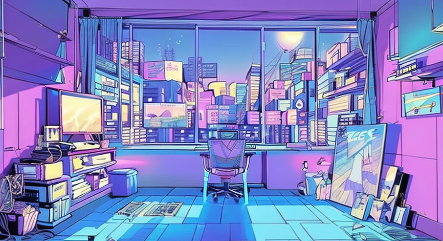 (zero), Girl studying in her room, reading a book, Wear headphones, , night lights, Neon landscape on a rainy day,Analog Color Theme, Lo-Fi Hip Hop , retrospective, flat, 2.5D ,Draw a line, Ink Drawing, Large slope, Watercolor painting, Goosch Colors, Studio Ghibli Style, Awesome colorful, Outer Ton, Synthwave, lofi art,90s style,Old texture, amplitude,90s vibe, masutepiece, Tremendous technology, 16:9 scale