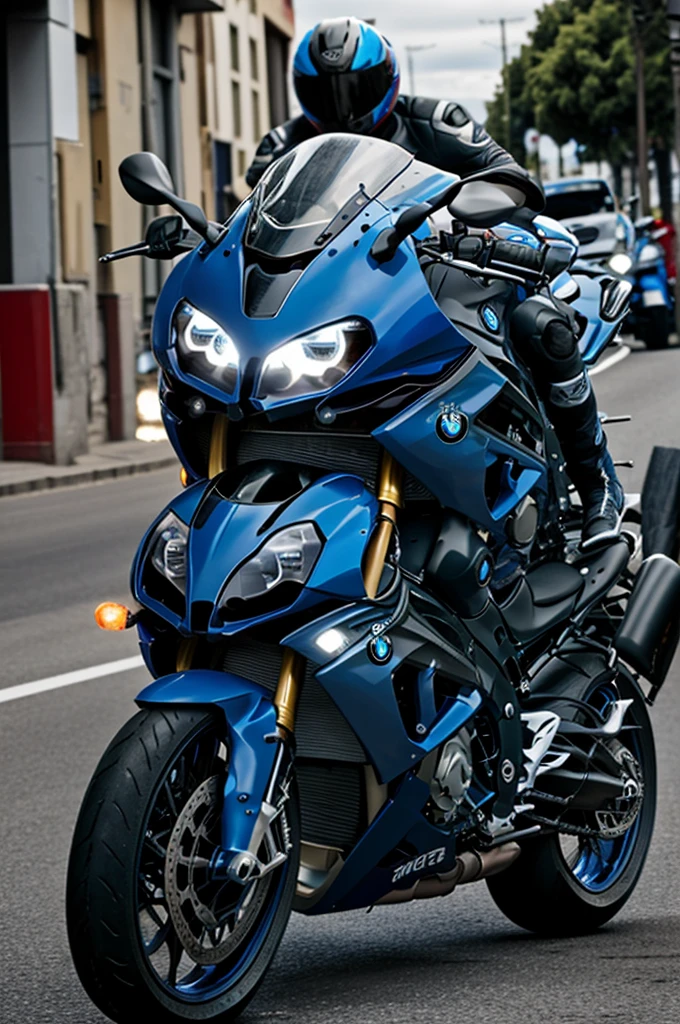 Create a photo of a couple with a blue BMW s1000rr motorcycle through the streets of Chile