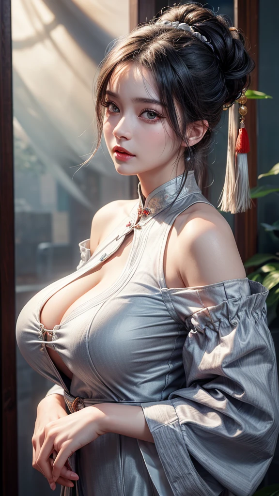 best quality, masterpiece, ultra high res, (photorealistic:1.4), 1girl, off-shoulder shirt, ((traditional chinese dress:1)), black choker, (faded ash gray hair:1), (huge breasts:1.2), looking at viewer, closeup,