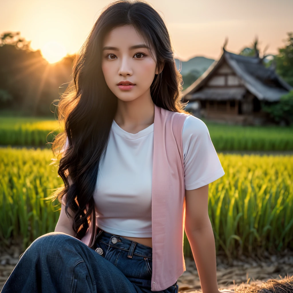 realistic: Open the aperture wide., professional lighting, Sony A7R4, 50 mm sitting lens. 2 ; Warm light, (digital painting, HDR ภาพถ่ายหน้าตรงThai anime, Female anime Araffe 25 30 years old, realistic: Open the aperture wide., professional lighting, Sony A7R4, 50 mm sitting lens. 2 ; Warm light, (digital painting, HDR, high contrast (digital painting, HDR, high contrast),Old jeans torn, bright colored t-shirts, Looking straight at you intently, Long-haired woman with a round face, Red cheeks, Pink cheeks, black eyes ตาสองชั้น, black eyes, Thai anime, Has a large chest size of 38 inches.,  ponytail woman, flowing black hair, long flowing black hair, she has black hair, Her black hair was long and wavy., beautiful black hair, Extra dark natural black hair, The shirt is tight., Looks hot., ,black eyes,abdominal muscles, rounded chest, outdoor, The background is a rice field., There is an old thatched Thai-style hut in the background., The evening sun shines, beautiful female model, jaw-dropping beauty, realistically, 