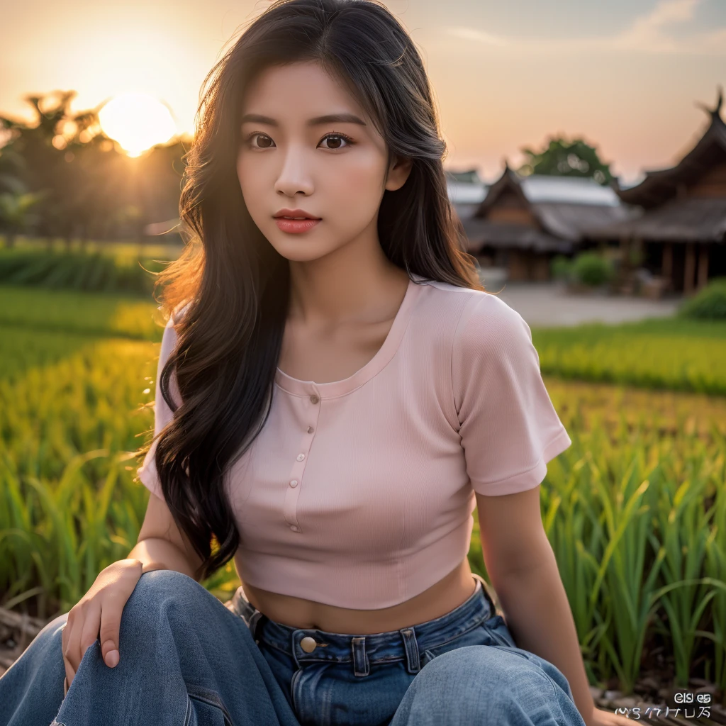 realistic: Open the aperture wide., professional lighting, Sony A7R4, 50 mm sitting lens. 2 ; Warm light, (digital painting, HDR ภาพถ่ายหน้าตรงThai anime, Female anime Araffe 25 30 years old, realistic: Open the aperture wide., professional lighting, Sony A7R4, 50 mm sitting lens. 2 ; Warm light, (digital painting, HDR, high contrast (digital painting, HDR, high contrast),Old jeans torn, bright colored t-shirts, Looking straight at you intently, Long-haired woman with a round face, Red cheeks, Pink cheeks, black eyes ตาสองชั้น, black eyes, Thai anime, Has a large chest size of 38 inches., ponytail woman, flowing black hair, long flowing black hair, she has black hair, Her black hair was long and wavy., beautiful black hair, Extra dark natural black hair, The shirt is tight., Looks hot., ,black eyes,abdominal muscles, rounded chest, outdoor, The background is a rice field., There is an old thatched Thai-style hut in the background., The evening sun shines, beautiful female model, jaw-dropping beauty, realistically,