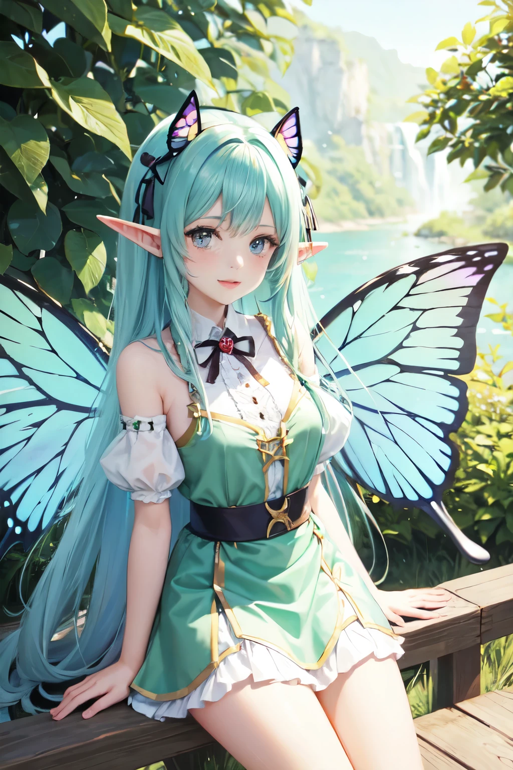 Cute elf ears girl、Butterfly wings、Lakeside