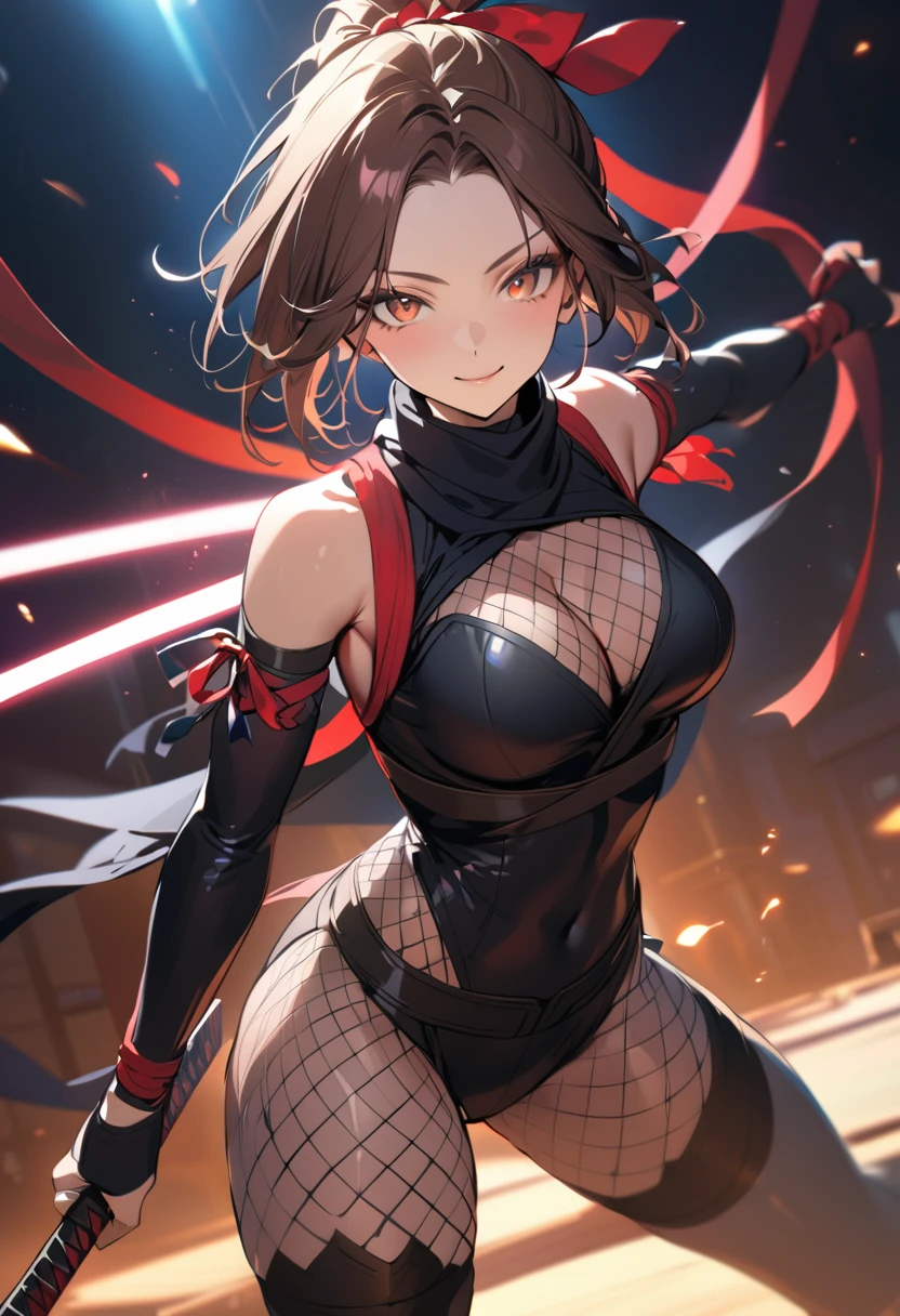 1 girl, bob, center part, forehead, brown hair, piercing, brown eyes, smile,
BREAK (masterpiece), (high resolution 8K), cinematic lighting, professional lighting, detailed eyes and face, detailed body,
BREAK (ninja:1.2),(fishnet-bodysuit:1.3), bare shoulders, detached sleeves, cleavage,thighhighs,ponytail,(red ribbon:1.2),(ninja sword:1.3)