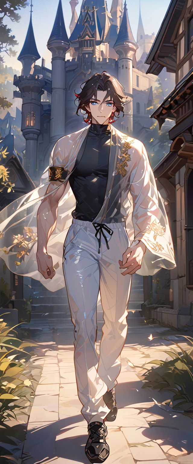 masterpiece, best quality, 8k ,4k ,solo, male, short dark blue reddish hair, black sleeveless turtle neck shirt, transparent robe hanging by the shoulder, transparent embroidery robes, white jogger pants, Walking, Manly pose, muscle arms, plain black armband, bangs, blue reddish eyes, pale skin, sharp look, Sharp eyes, Morning walk, Castle Hall Background, high quality, extremely detailed, finely detailed eyes and detailed face, slender body, inspired by Asukaziye artist : ask, art style : ask