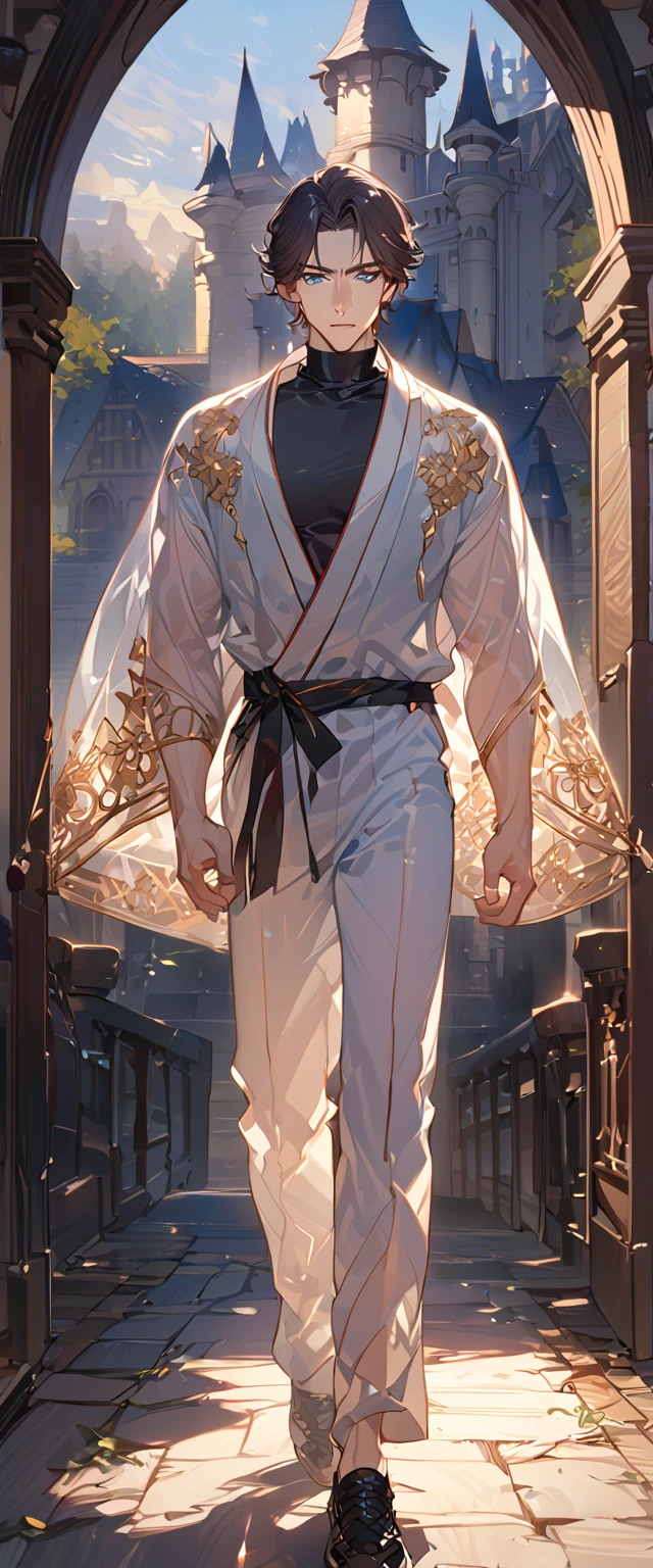 masterpiece, best quality, 8k ,4k ,solo, male, short dark blue reddish hair, black sleeveless turtle neck shirt, transparent robe hanging by the shoulder, transparent embroidery robes, white jogger pants, Walking, Manly pose, muscle arms, plain black armband, bangs, blue reddish eyes, pale skin, sharp look, Sharp eyes, Morning walk, Castle Hall Background, high quality, extremely detailed, finely detailed eyes and detailed face, slender body, inspired by Asukaziye artist : ask, art style : ask