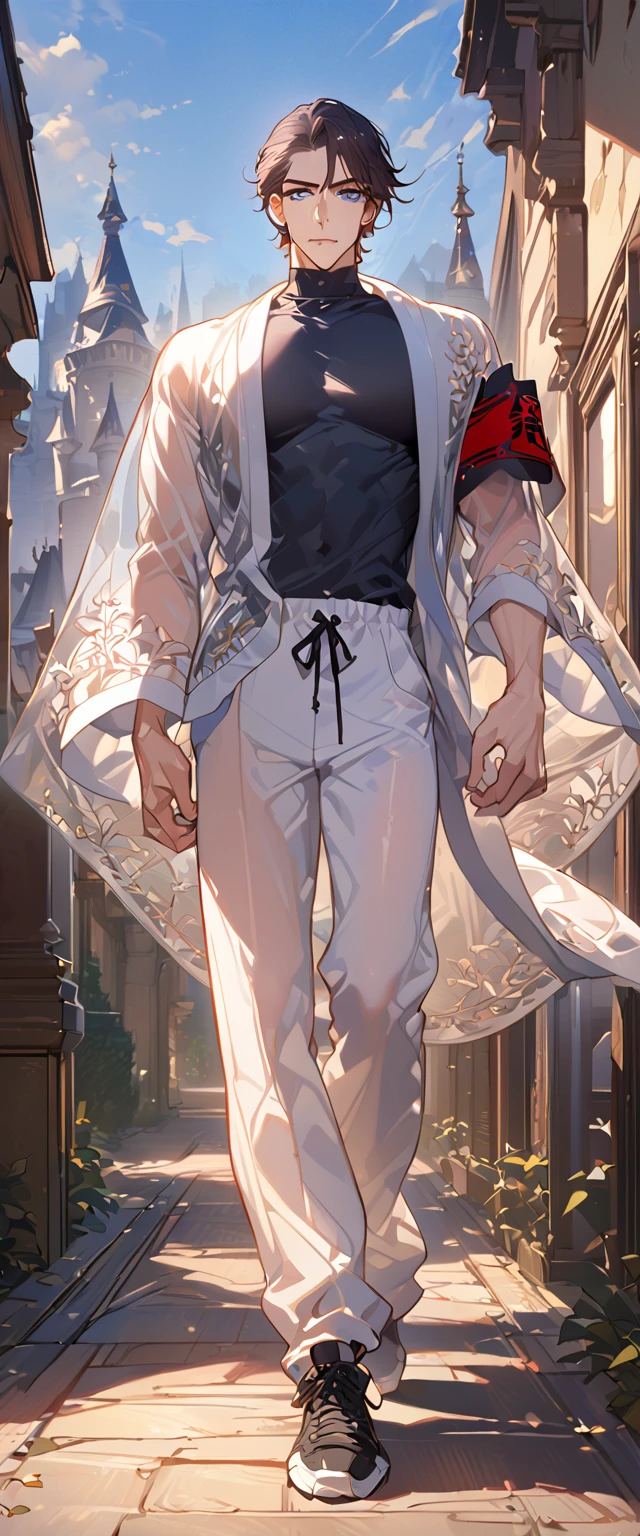 masterpiece, best quality, 8k ,4k ,solo, male, short dark blue reddish hair, black sleeveless turtle neck shirt, transparent robe hanging by the shoulder, transparent embroidery robes, white jogger pants, Walking, Manly pose, muscle arms, plain black armband, bangs, blue reddish eyes, pale skin, sharp look, Sharp eyes, Morning walk, Castle Hall Background, high quality, extremely detailed, finely detailed eyes and detailed face, slender body, inspired by Asukaziye artist : ask, art style : ask