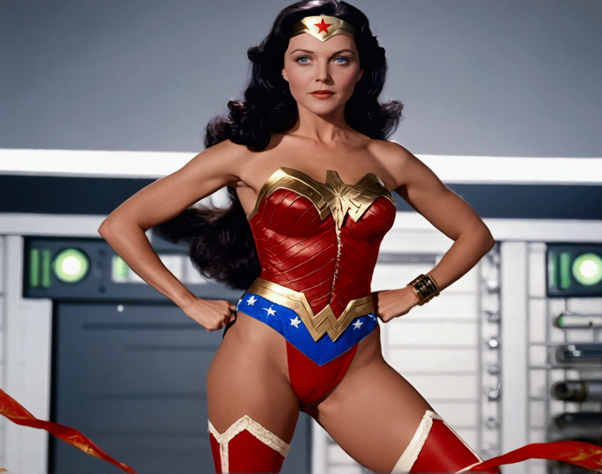 Linda Carter. Wonder woman. Full body shot, full length cinematic shot. sensual. stupid. sexy, micro stupid. lingerie. Xxx, hyper realism. 8k. Photography, hyper realism. k. Photography (Masterpiece, super detail, high detail, Best Quality, 8k