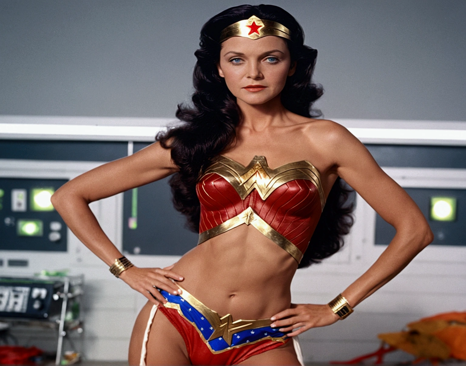 Linda Carter. Wonder woman. Full body shot, full length cinematic shot. sensual. stupid. sexy, micro stupid. lingerie. Xxx, hyper realism. 8k. Photography, hyper realism. k. Photography (Masterpiece, super detail, high detail, Best Quality, 8k