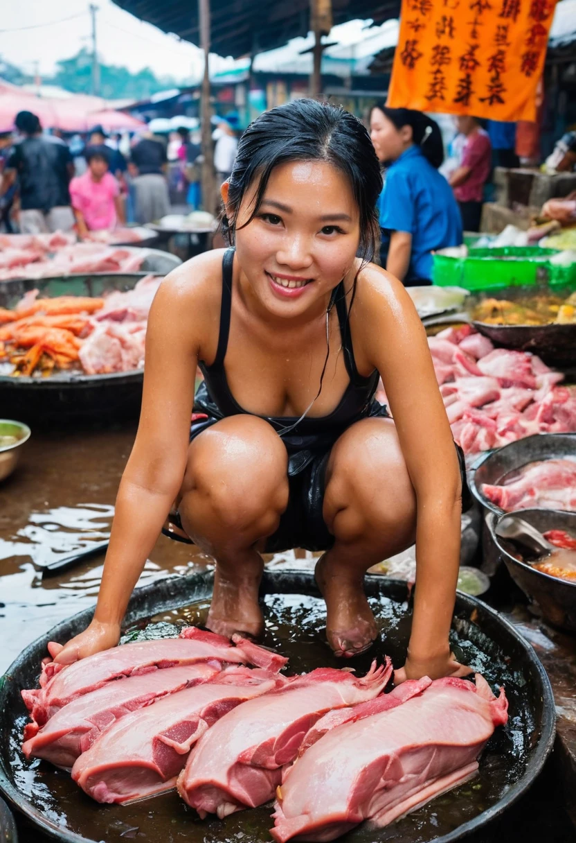 wet market,Pork stalls,rugged asian girl