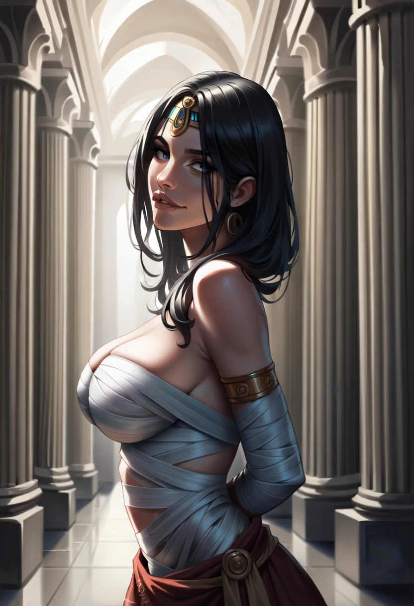 front view, A very beautiful black woman smiles shyly while biting her lower lip and looking at the viewer., sensual, wavy black hair and medium length hair, realistic photo style, dressed in bandages, like a mummy, huge breasts, open neckline, thin waist, the expression of worship is the focus, arms above and behind your head, dynamic pose, inside an egyptian temple, in a sarcophagus