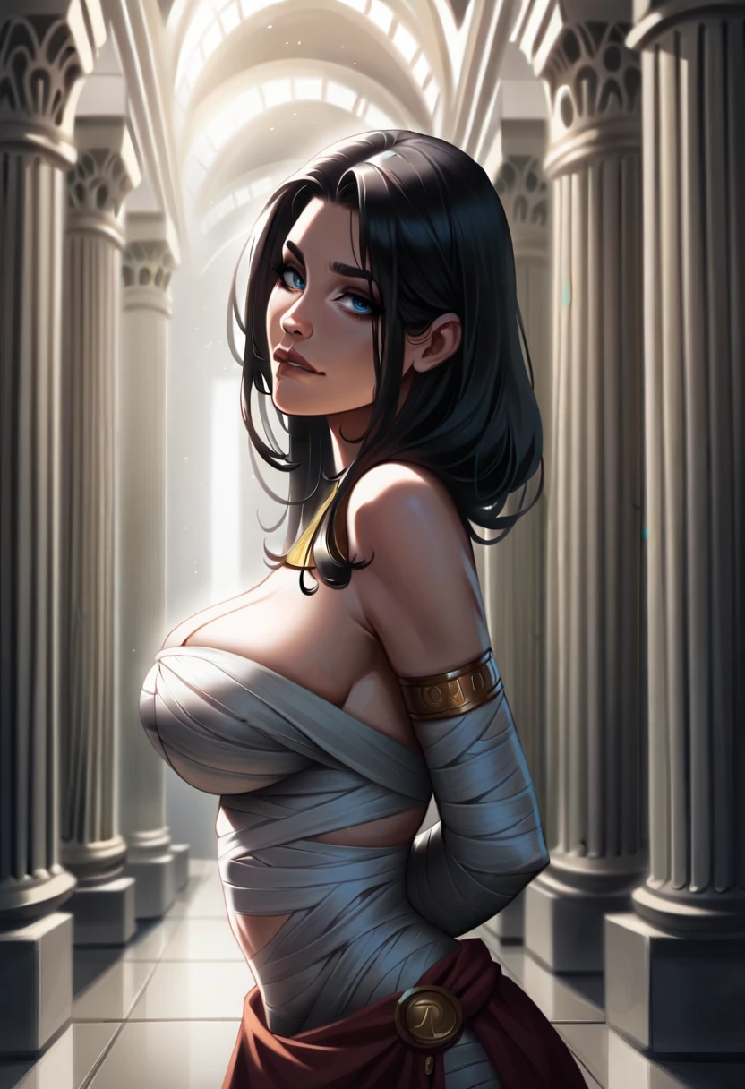 front view, A very beautiful black woman smiles shyly while biting her lower lip and looking at the viewer., sensual, wavy black hair and medium length hair, realistic photo style, dressed in bandages, like a mummy, huge breasts, open neckline, thin waist, the expression of worship is the focus, arms above and behind your head, dynamic pose, inside an egyptian temple, in a sarcophagus