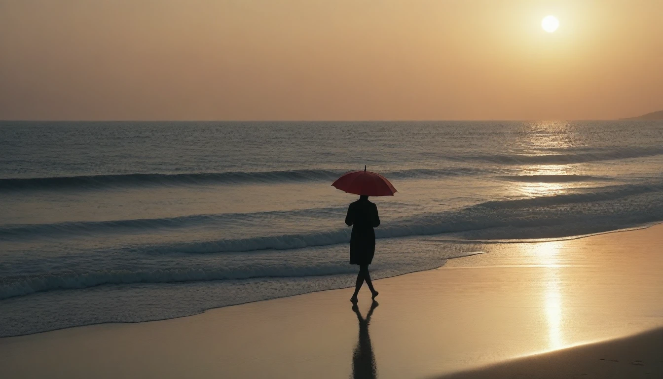 8K, Vivid picture quality, desolate long beach, A short-haired woman walking from afar, red light of sunset, alone, afternoon, depressed, tide가 밀려온다, ocean, tide, black umbrella , wind, short korean woman, 잔잔한 tide