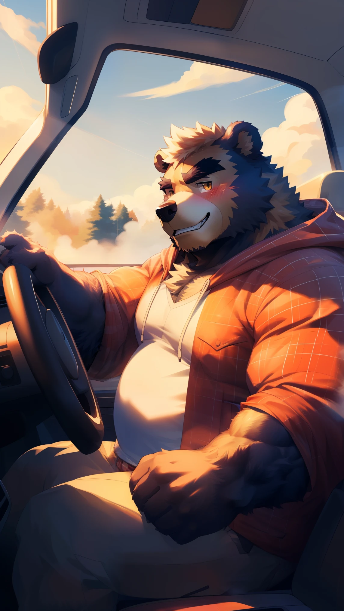 (Vision:1.5), solitary, anthropology, hairy, hairy male, Bear, ((Fluffy fur, Fluffy, hairy body)), (bear print), (Thick eyebrows), youth, muscular, White big pectoral muscles, Black fur, Golden pupils, Detailed teeth, defaced face, fundos, trucker, Red plaid hoodie, cab里, Driving, sideways, Shy expression, A faint smile, blush, (Dynamic poses:1.5), Clear facial features, Strong, majestic, alone, panoramic, Fog atmosphere, early morning, Tyndall Light Effect, cab, Sunlight through the car window, (By Empty Ghost, From bear20, masterpiece, high quality, high resolution,8K)