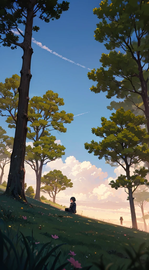 anime scene of a woman sitting under a tree in a field, anime nature, anime nature wallpap, anime background, beautiful anime scenery, beautiful anime scene, anime scenery, anime landscape, anime landscape wallpaper, makoto shinkai!, anime beautiful peace scene, anime countryside landscape, anime background art, makoto shinkai!!, anime movie background