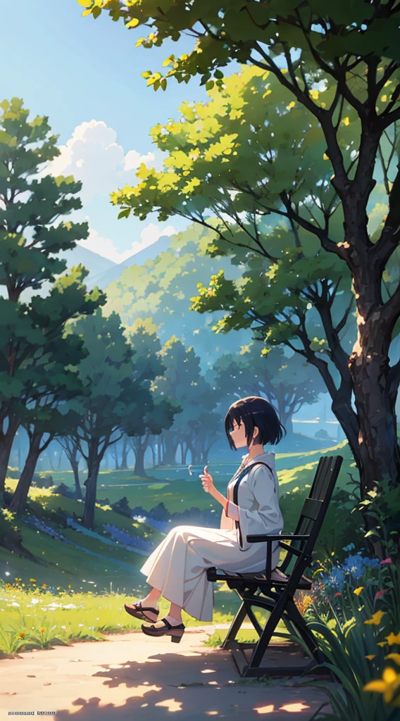 anime scene of a woman sitting under a tree in a field, anime nature, anime nature wallpap, anime background, beautiful anime scenery, beautiful anime scene, anime scenery, anime landscape, anime landscape wallpaper, makoto shinkai!, anime beautiful peace scene, anime countryside landscape, anime background art, makoto shinkai!!, anime movie background