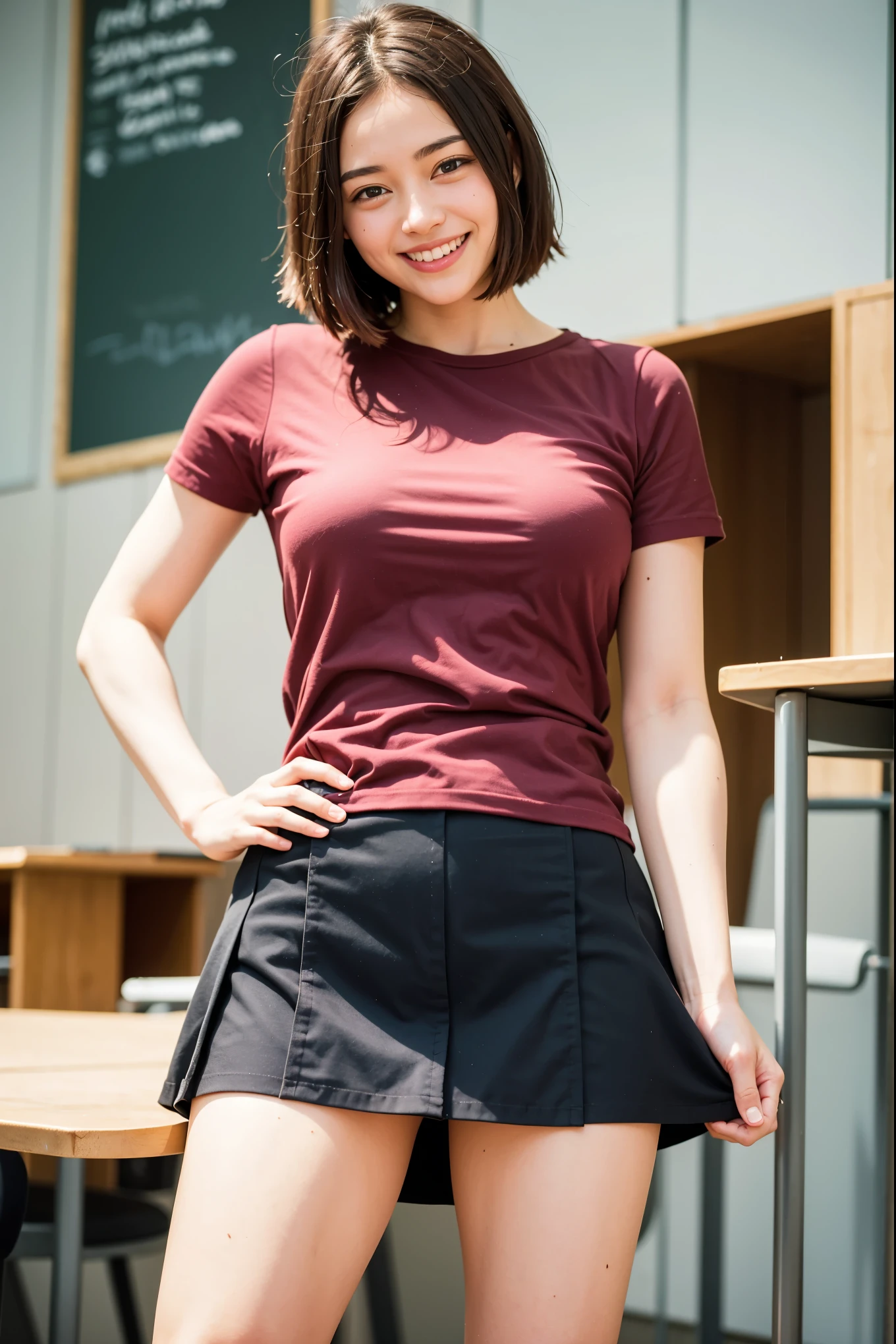 Top quality, 1 beautiful woman, super short Hair, mini skirt , Giddy Smile, , at school 