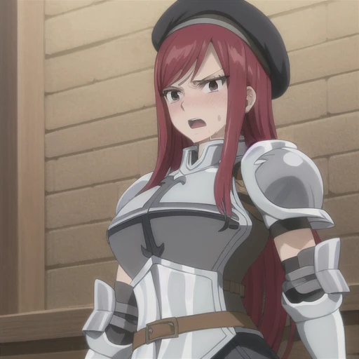 masterpiece, absurdres , (intricate details), (colorful), erza scarlet, open mouth, blush, sweat, looking at the viewer, armor, breastplate, gauntlets, shoulder armor, (black beret), (black hat), large breasts,