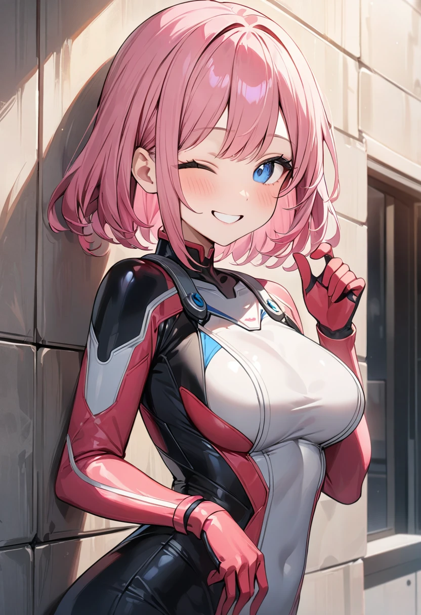 (masterpiece, top quality, very aesthetic, 4k、illustration), intricate detail, 1girl,Standing in front of a wall、(upper body)、happy smile、one eye closed、(multicolored hair)、
Cute 、pink hair、,middle hair,sidelock ,,blue eyes、pilot suit、Tight Suit、,medium breasts、Slim 、