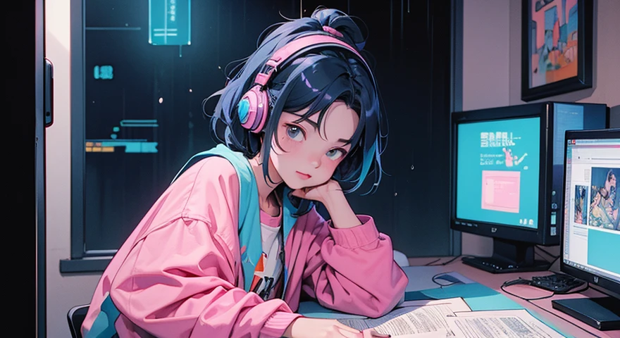 (zero), Girl studying in her room, reading a book, Wear headphones, , night lights, Neon landscape on a rainy day,Analog Color Theme, Lo-Fi Hip Hop , retrospective, flat, 2.5D ,Draw a line, Ink Drawing, Large slope, Watercolor painting, Goosch Colors, Studio Ghibli Style, Awesome colorful, Outer Ton, Synthwave, lofi art,90s style,Old texture, amplitude,90s vibe, masutepiece, Tremendous technology, 16:9 scale