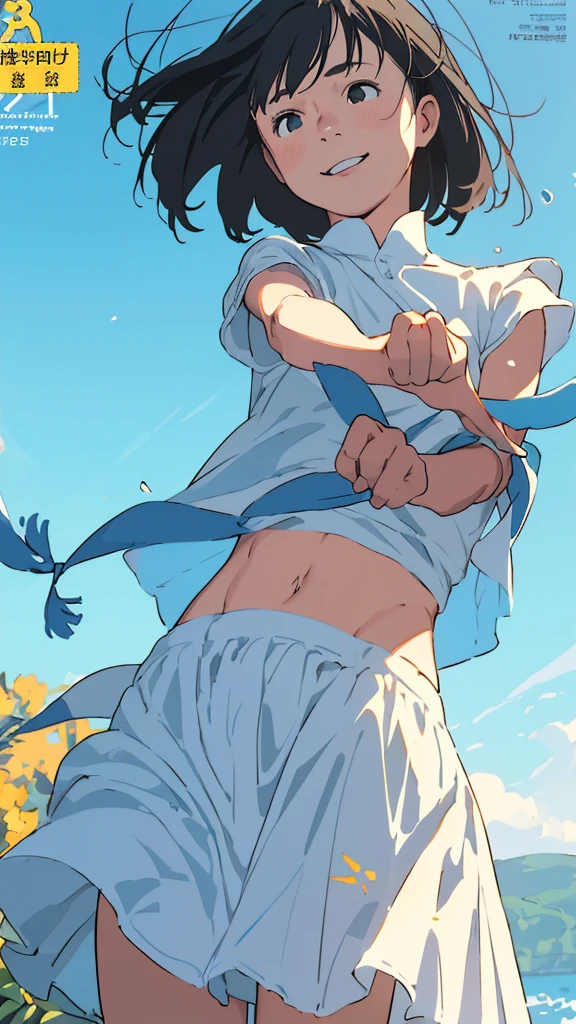 reasonable design, Clear lines, High Sharpness, (highest quality,8K,Perfect sharpness,Ultra fine,High resolution,masterpiece:1.2), Perfect Anatomy:1.5, Official Art, Illustrations that tell a story, (Whitish background:0. 9)、Body Positivity、More Mr.Physical expression、(Random and mischievous poses)、Perfect beauty、Perfect beautiful face、Strong winds、A rich expression、Dynamic composition、smile、Golden ratio composition、colorful、(Mr.Different angles and perspectives)、anime art、mini skirt、(Overcoming stereotypes)、 Glowing Skin、(Natural beauty)、smile、bangs、Straight Hair、(Soft and flowing hair)、(Rural Scenery)、(Nostalgic atmosphere)、Insert up to the thighs、(Playful and carefree)、(More Mr.Ethnic characters)、(innocent attitude)、(Sunny atmosphere)、Skirt flipped up、(Bright colors)、Belly button exposed、Beautiful Eyes、A skirt fluttering in the wind、Put it in to your feet、Some composition patterns、sensuous、Geometric pattern、emotional、Symposium cover、Angle from below、