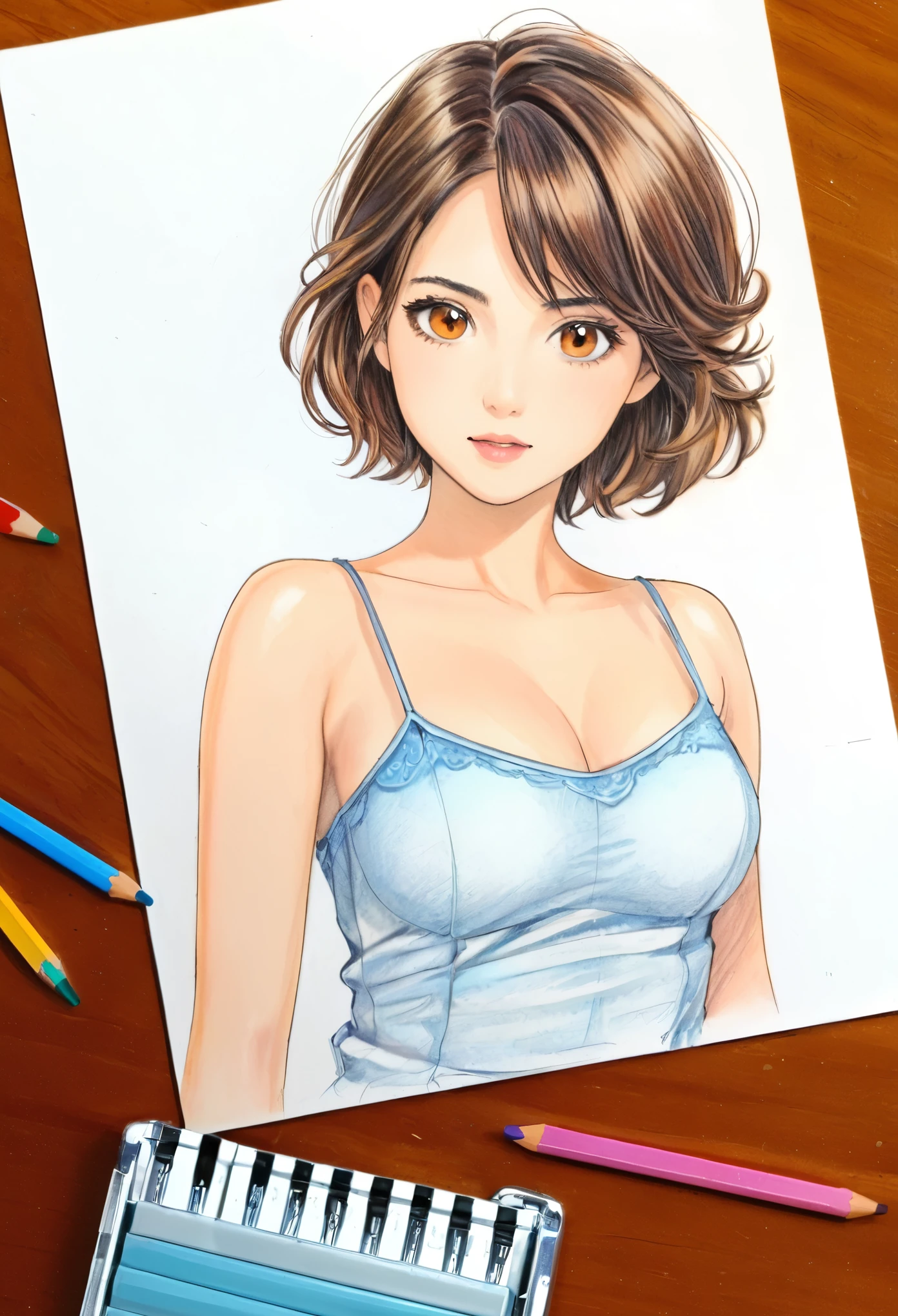 woman,Short camisole vest,White,Art,,Colored pencil sketch,sketch ,Comic Collage,illustration、desktop、A few colored pencils、Several colored pencils、eraser、Traces of use