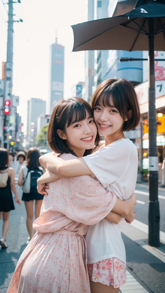 Best quality, high resolution, 8K, two girls, Japanese, hugging, best smile, summer clothes, street fashion, short hair,  beautiful woman, pretty face, cute face, two cute people, Tokyo cityscape