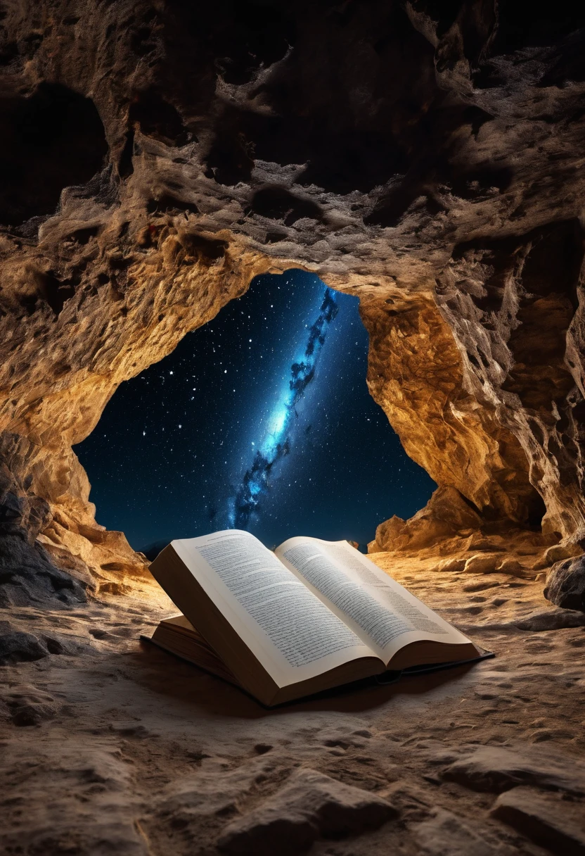Image of a big book , books covered with space images , stars and constilation , book type and name book of astronomy , black colour book , book is kept in a big old cave with a big hole in the cealing , bright light coming from the hole , light spreading at the book , realistic , masterpiece , 4k , uhd