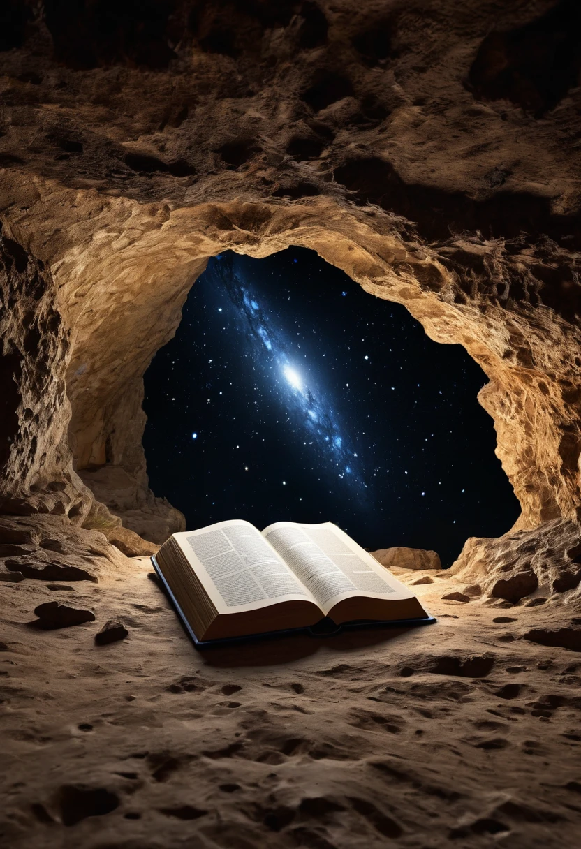 Image of a big book , books covered with space images , stars and constilation , book type and name book of astronomy , black colour book , book is kept in a big old cave with a big hole in the cealing , bright light coming from the hole , light spreading at the book , realistic , masterpiece , 4k , uhd