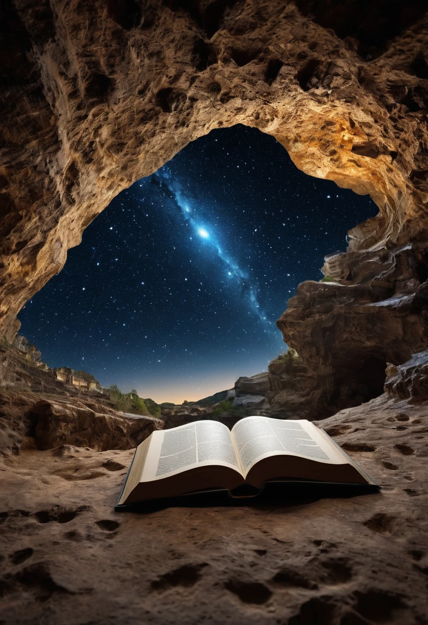 Image of a big book , books covered with space images , stars and constilation , book type and name book of astronomy , black colour book , book is kept in a big old cave with a big hole in the cealing , bright light coming from the hole , light spreading at the book , realistic , masterpiece , 4k , uhd