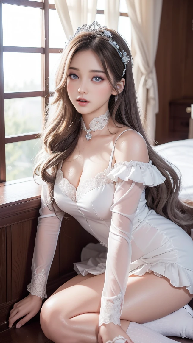 Top quality work，practical work，Super premium graphics card，8KHD CG works，High-quality graphics，HD CG works，10x pixel，Extremely fine details：1.1，Advanced technical details：1.1. Reality，室内Lighting Effects：1.5，Natural light：1.5. Lighting Effects（virtual Lighting Effects：1.8），長いSilver Hair，Silver Hair，Transparent hair，Attention to hair details（High-quality hair details：1.1）Clear eyes，Beautiful double eyelids，锐利的Eye Makeup, Delicate eyelash makeup, Sparse eyebrows, Very detailed eyes，high nose, Beautiful red lips, Rosy Cheeks, Face with light makeup , Cute face, Perfectly balanced face shape,（Advanced face detailing：1.1），Girl in maid costume、 role play, Knee socks, High heel, transparent,，The moonlight pours down like water，Foggy Room，It's like a fairy in a picture，Slender sexy legs，Good looking，Beautiful and exquisite，Like a finely carved jade、The waves in my eyes are like twinkling stars，Showing the light of patience and wisdom。The bridge of the nose is straight，Cherry lip color, Her face is clear，Her skin is as white as jade，Shines with a healthy glow，Her makeup is light.，Not too much frills，Light-colored foundation can enhance the transparency of the skin.，Eye Makeup: Eyeshadow and eyeliner，Make her eyes brighter、Happier、Add a touch of glamour and sophistication，Wear white clothes to protect against the snow，Clothes fluttering，it&#39;About to be blown away by the wind，Drifting away。Beautiful embroidery patterns on clothes，既不失grace，Demonstrating incredible skills。Wear a wide belt around your waist，上面挂着一枚transparent玉坠.，Swinging with her movements。Her hair was tied back casually.，Repair with hosta，A few strands of hair swaying gently in the wind，Add a little softness、Captivated everyone&#39;notes、grace、mystery、Full of power。